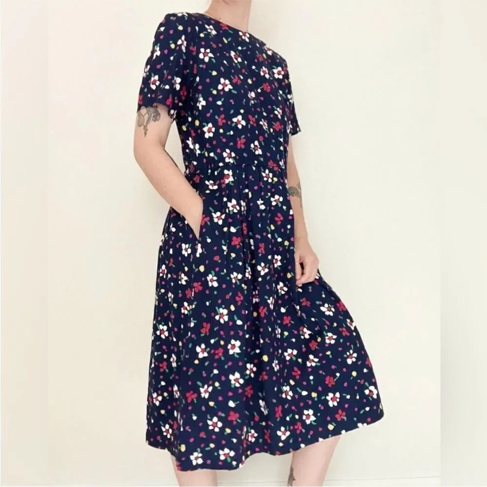 Talbots Vintage Retro Blue Floral Midi Dress Short Sleeves Pockets Size 10